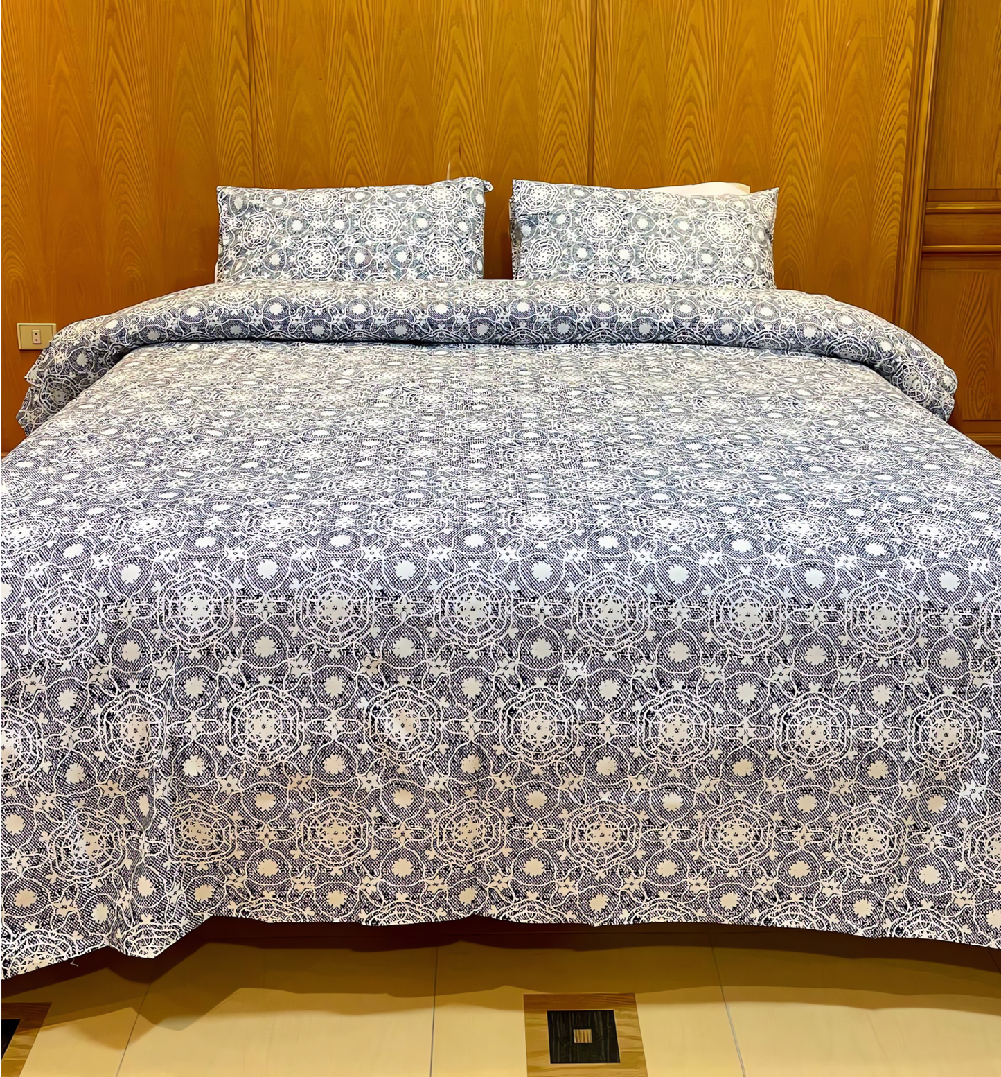 Dark Blue X White Bed Sheet Set (Pure Ranforce Cotton)