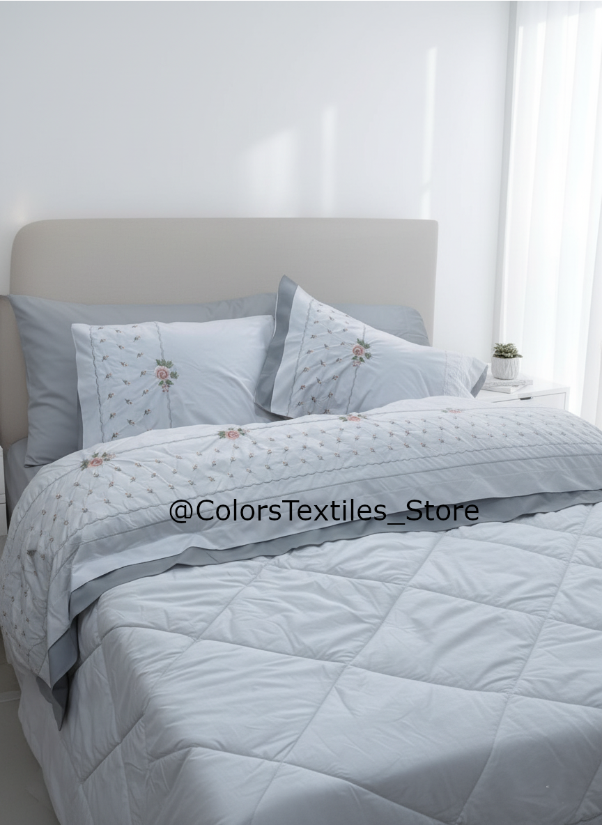 Grey X White Embroidered Quilt Set (Berkal Cotton)