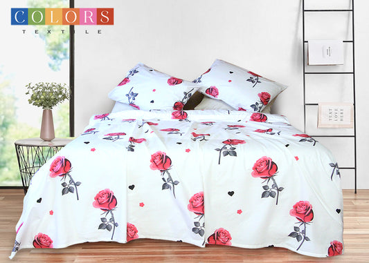 White X Red Roses Printed Bed Sheet Set(Pure Ranforce Cotton)