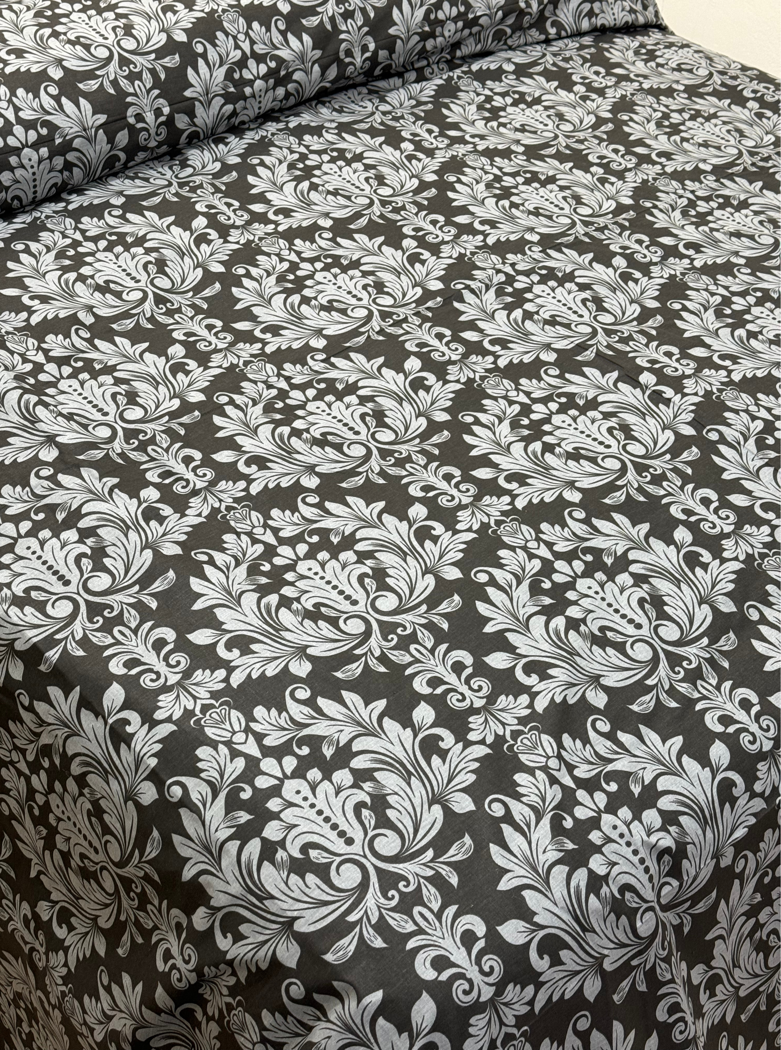 Black X Grey Printed Bedsheet Set (Pure Ranforce Cotton)