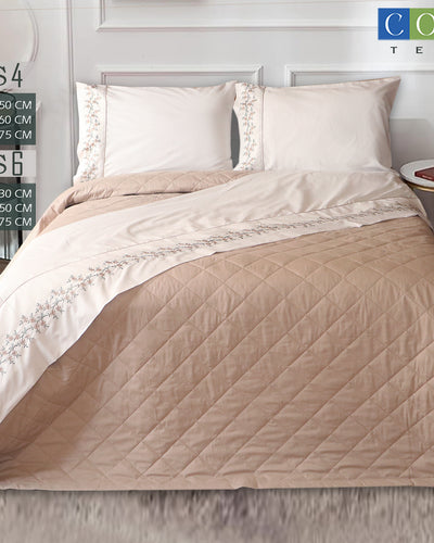 Beige Coverlet + Embroidered White Bed Sheet Set (PolyCotton)