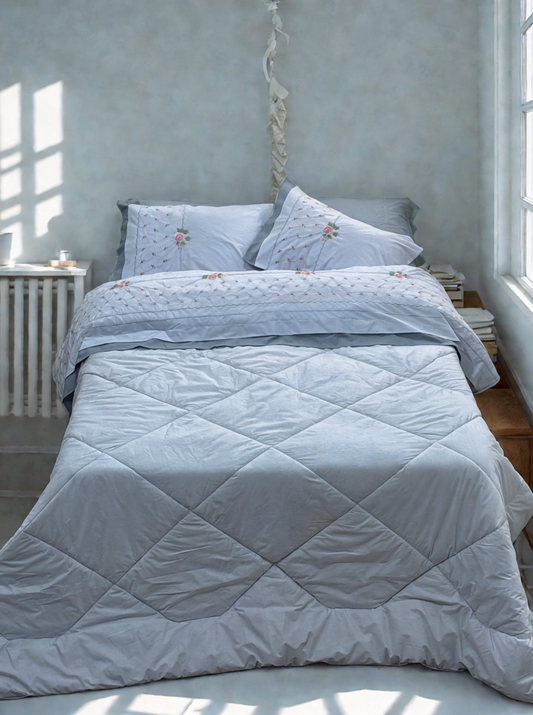 Grey X White Embroidered Quilt Set (Berkal Cotton)