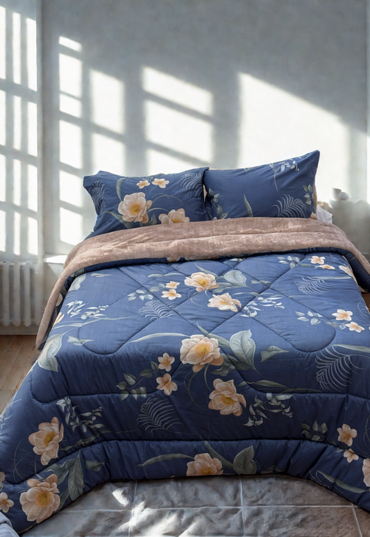 Dual-Faced Fur X Soft Cotton Satin Quilt Set (Model 1)