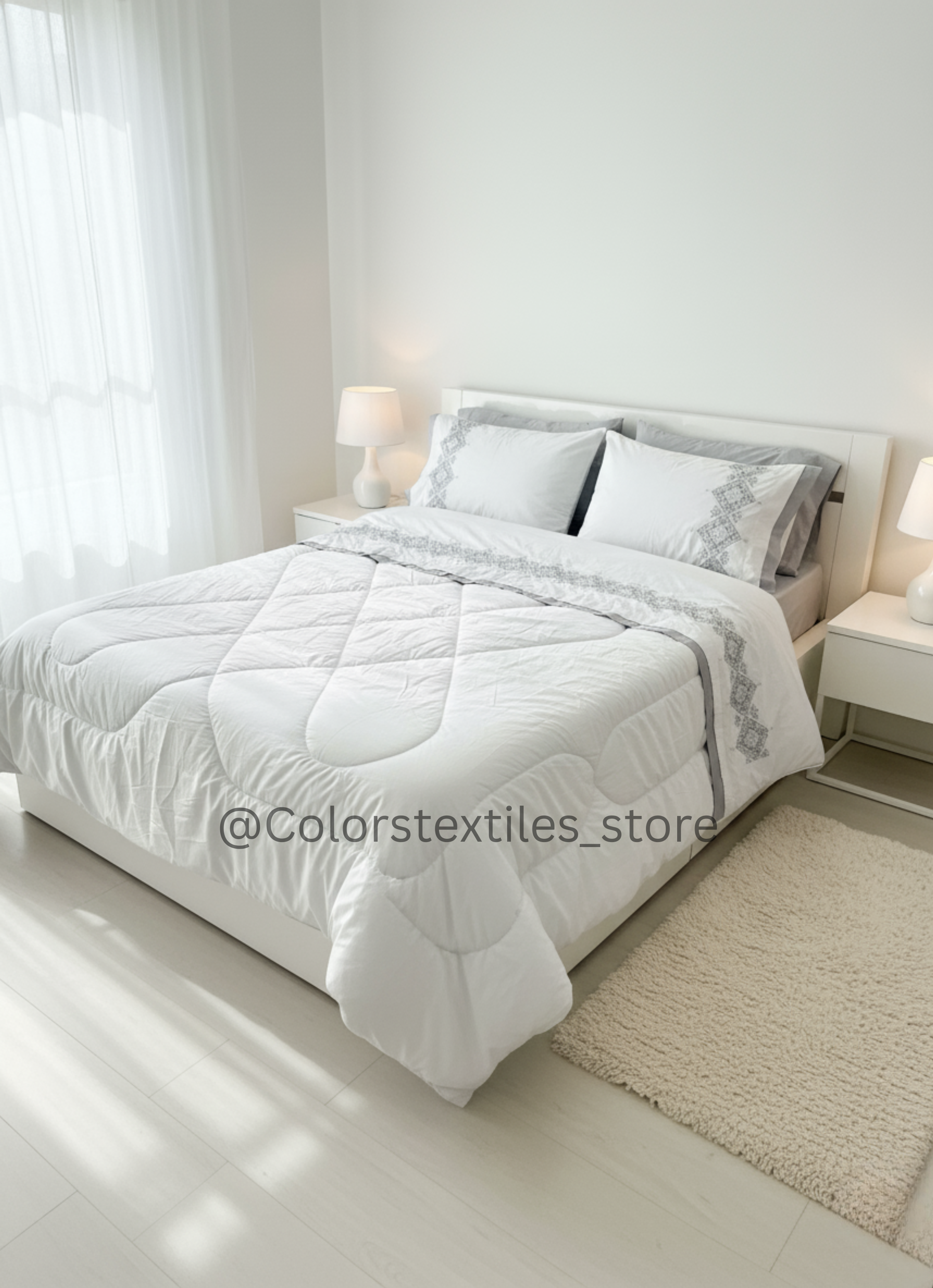 Grey X White Embroidered Quilt Set (Berkal Cotton)