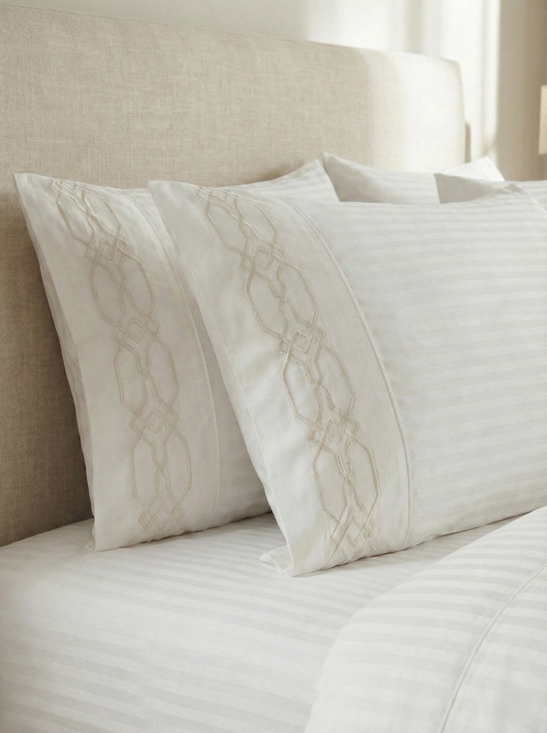 Embroidered Hotel-Style Striped Bed Sheet Set - Pure Cotton