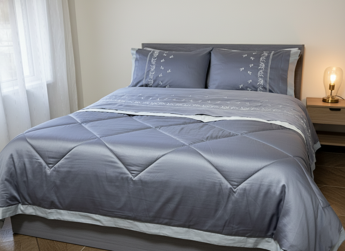 Grey Leaf Embroidered Quilt Set (Soft Cotton Satin)