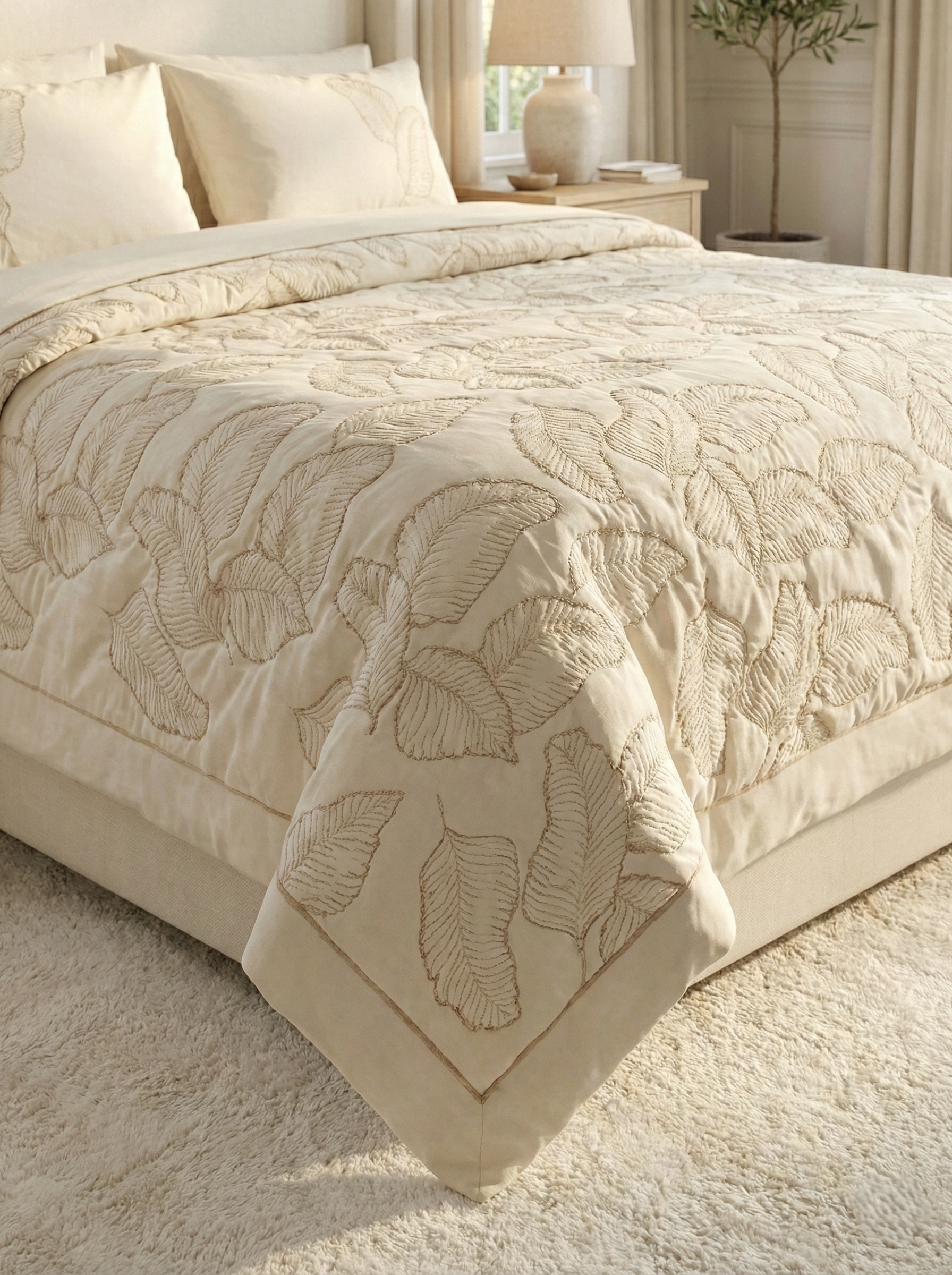 Feather-Shaped Embroidered Coverlet Set