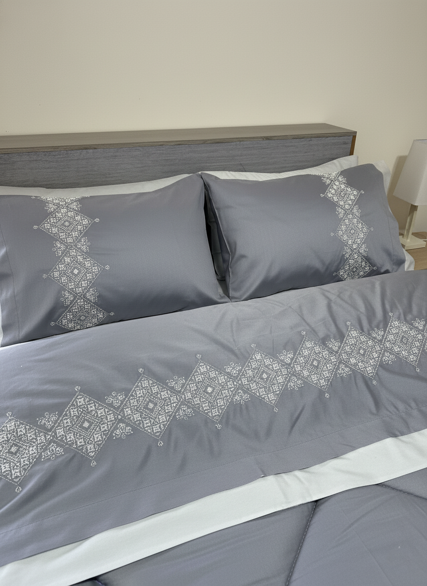 Grey Squares Embroidered Quilt Set (Soft Cotton Satin)