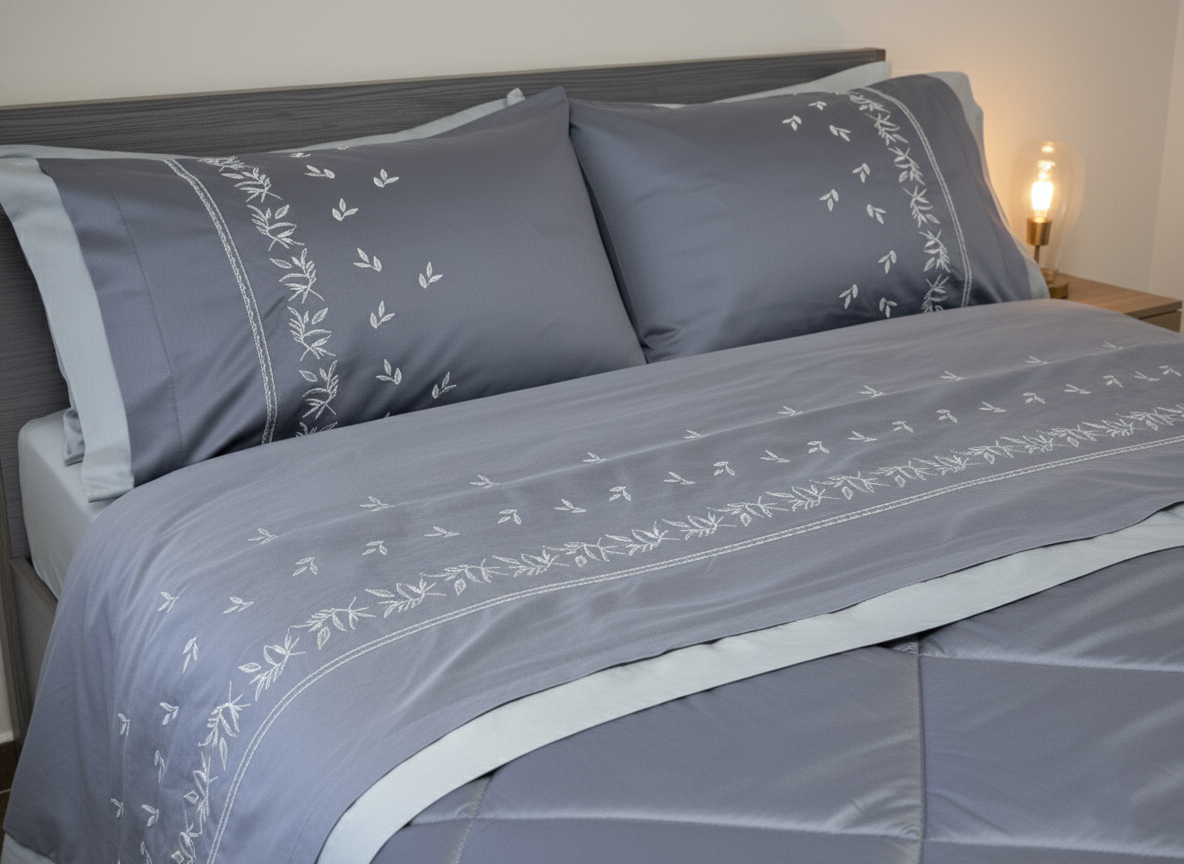 Grey Leaf Embroidered Quilt Set (Soft Cotton Satin)