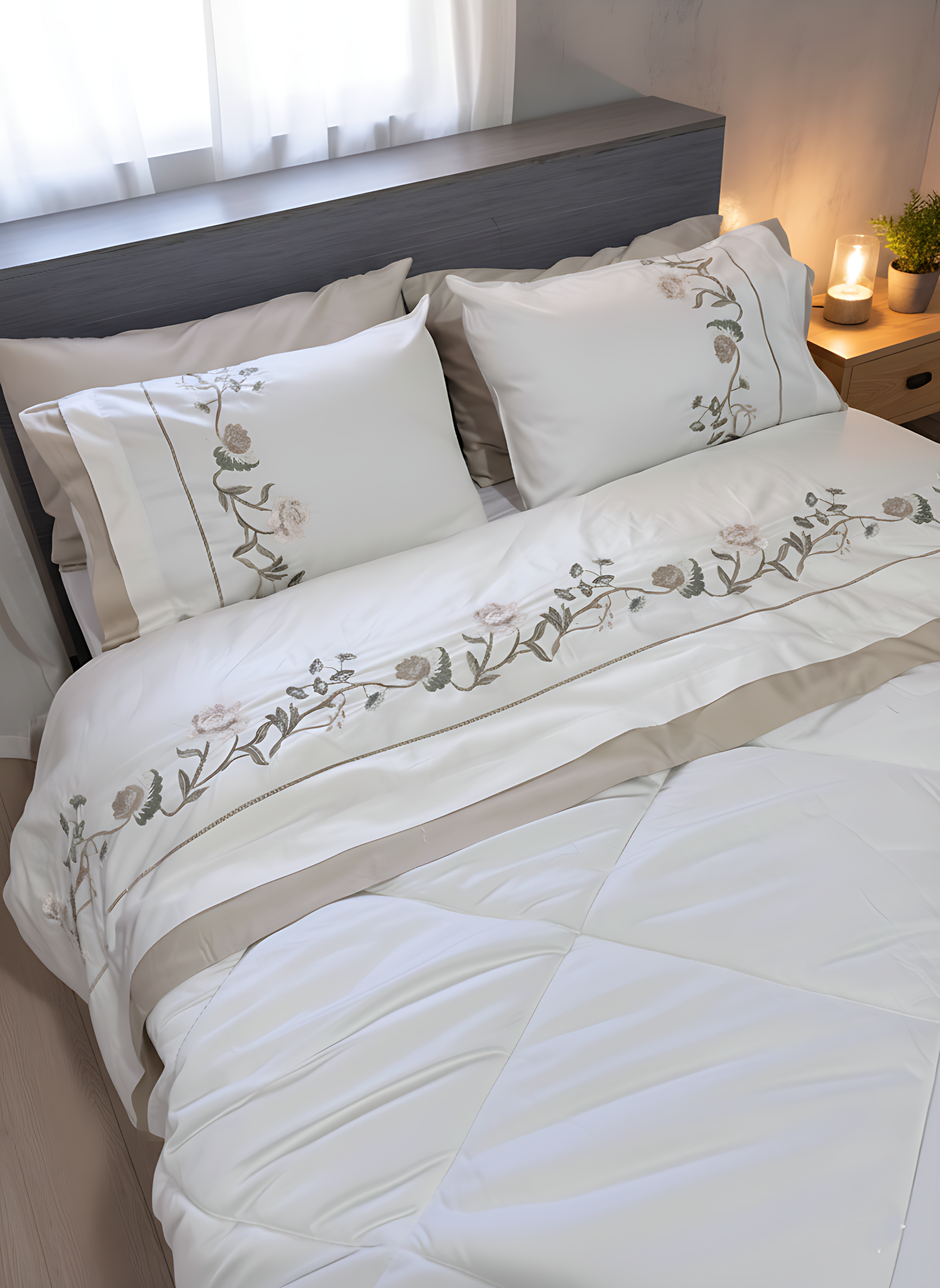 Off-White X Beige Flower Embroidered Quilt Set (Soft Cotton Satin)