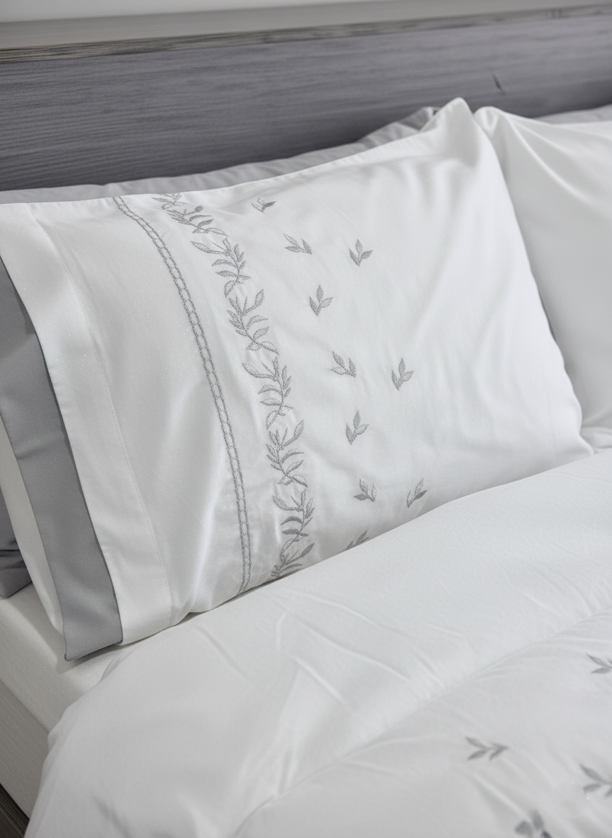 Grey X White Leaf Embroidered Quilt Set (Soft Cotton Satin)