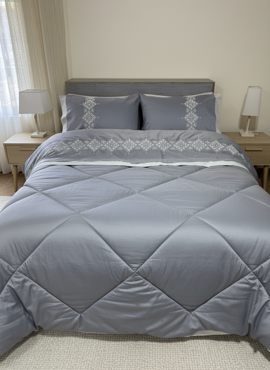 Grey Squares Embroidered Quilt Set (Soft Cotton Satin)