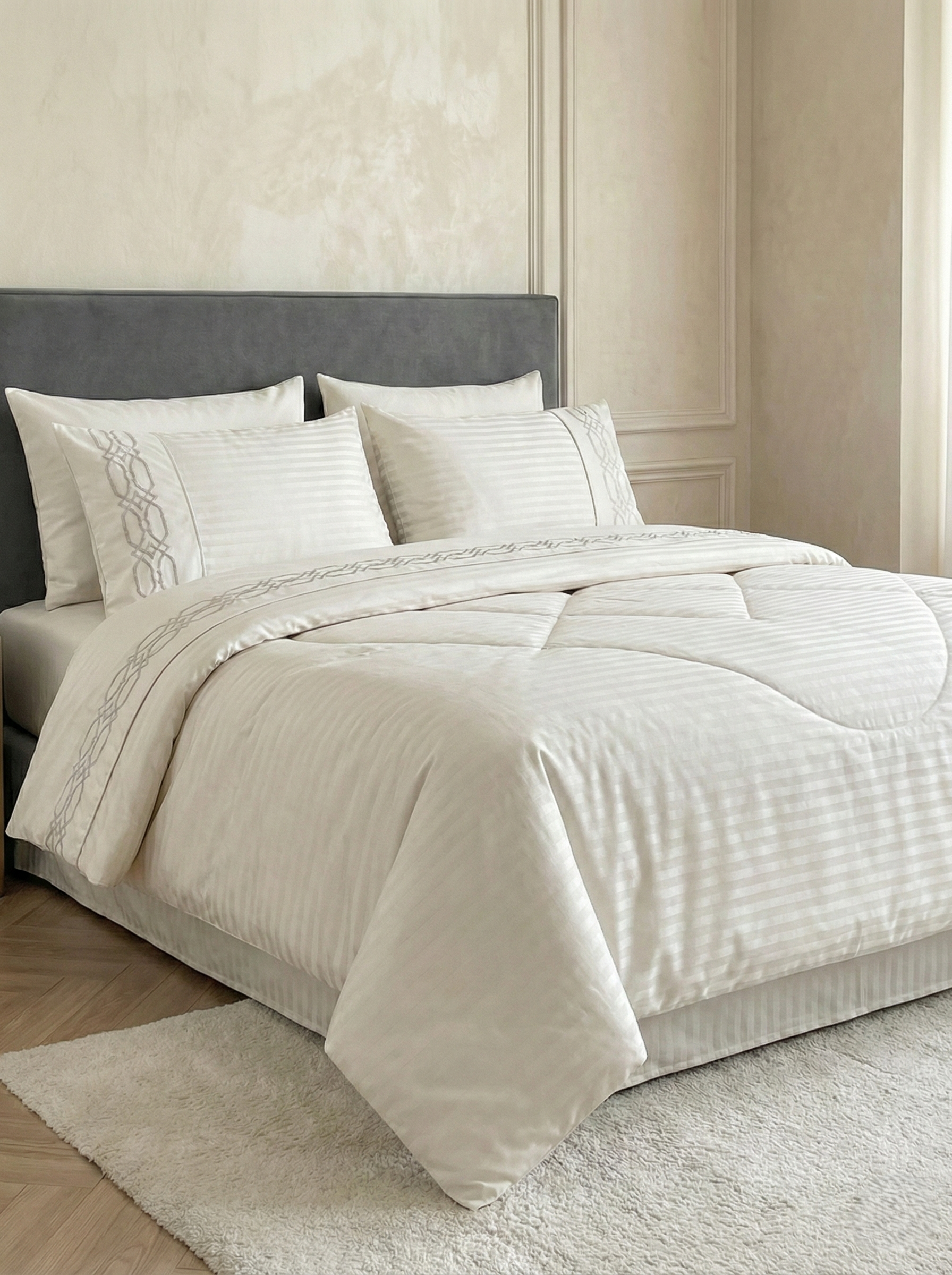 Embroidered Hotel Stripes Quilt Set (Pure Soft Cotton)