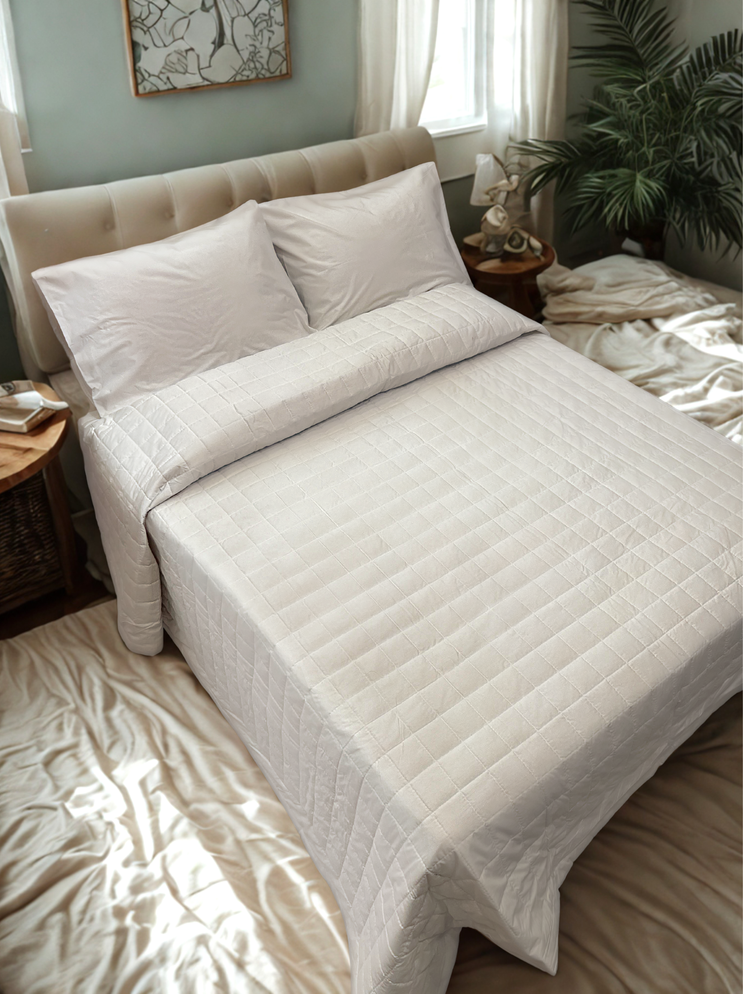 Premium Berkal Cotton Squares Capitone Coverlet Set.