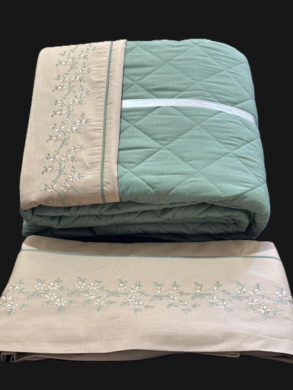 Beige Coverlet + Embroidered White Bed Sheet Set (PolyCotton)