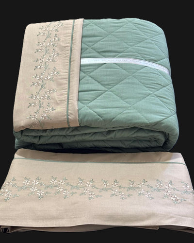 Beige Coverlet + Embroidered White Bed Sheet Set (PolyCotton)
