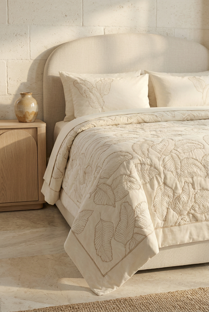 Ivory feather coverlet in a bright bedroom