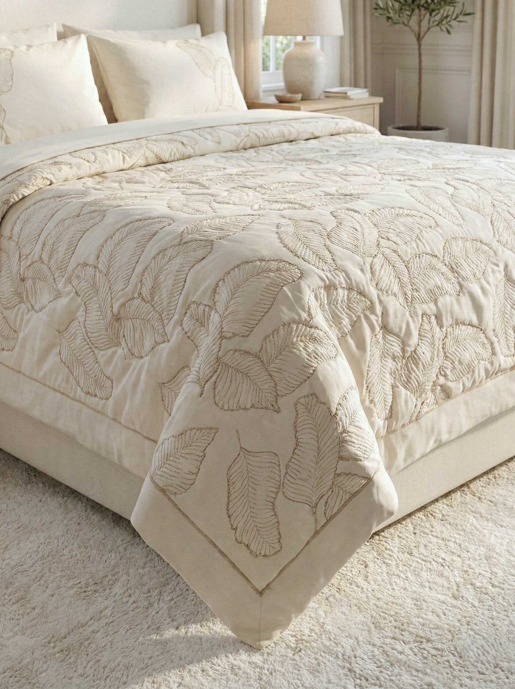 Feather-Shaped Embroidered Coverlet Set