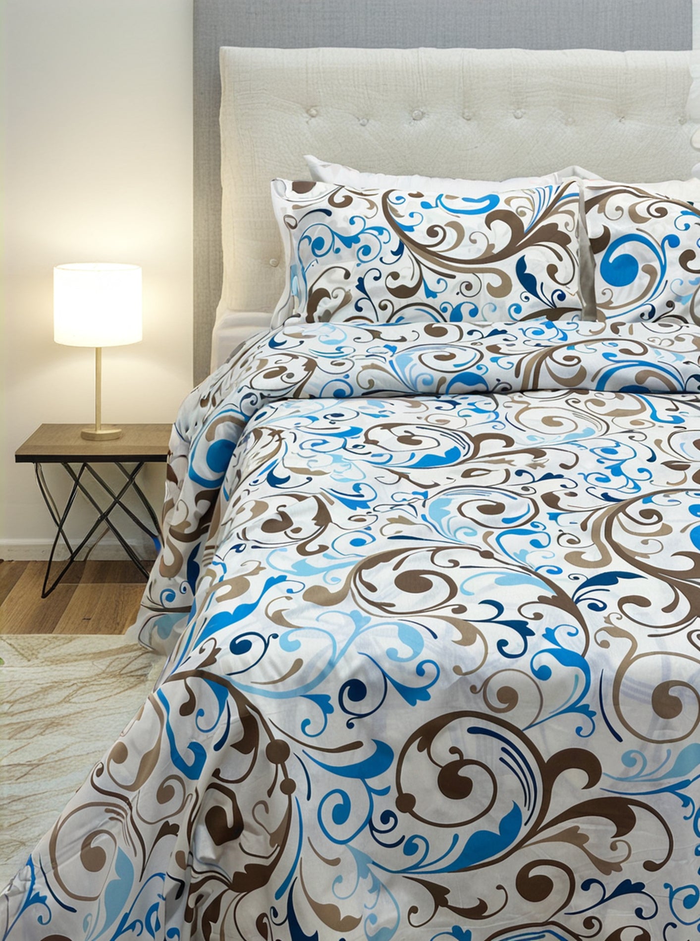 Blue X Beige Printed Bedsheet Set (Pure Ranforce Cotton)