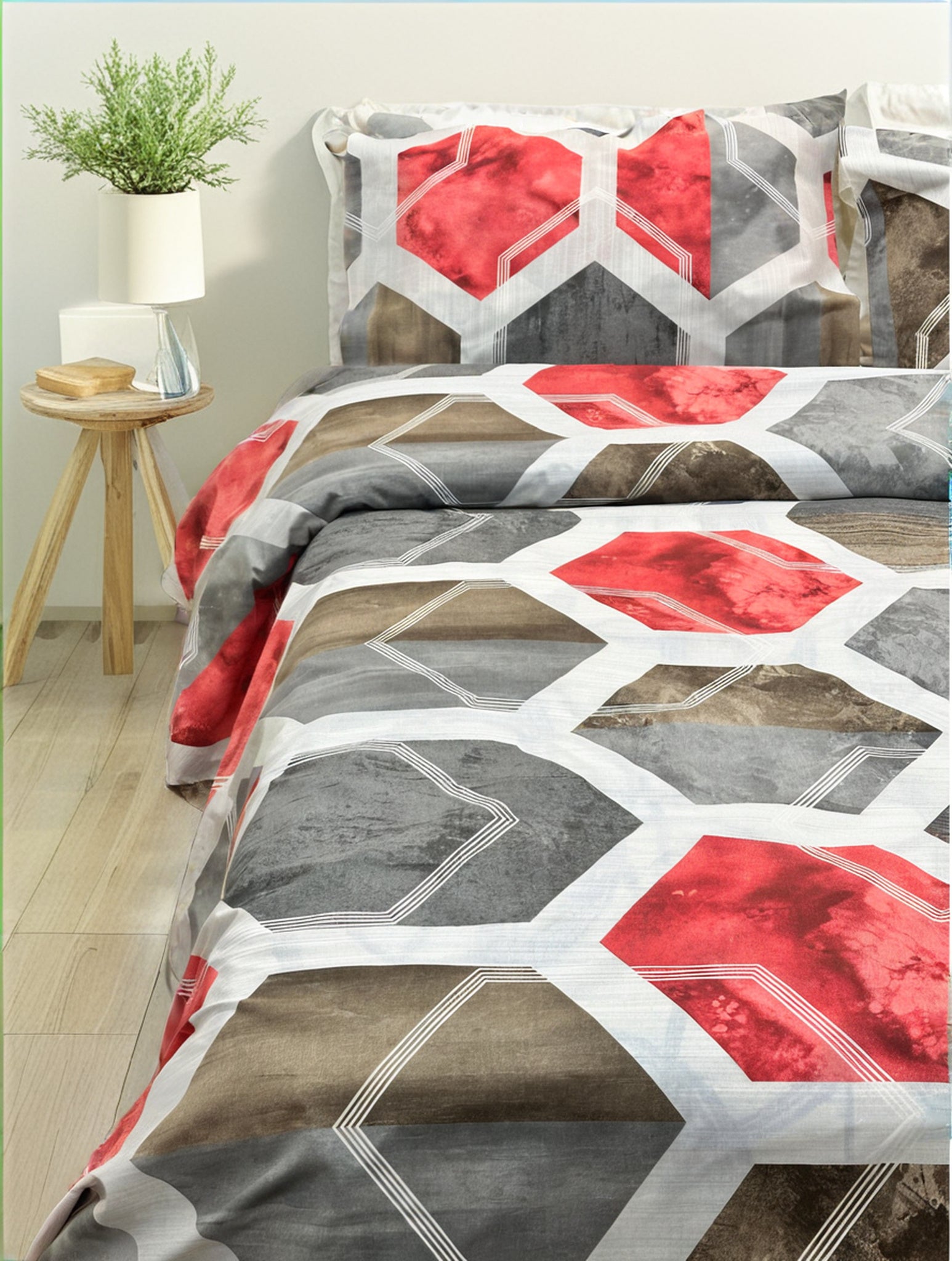 Red X Grey Printed Bedsheet Set (Pure Ranforce Cotton)