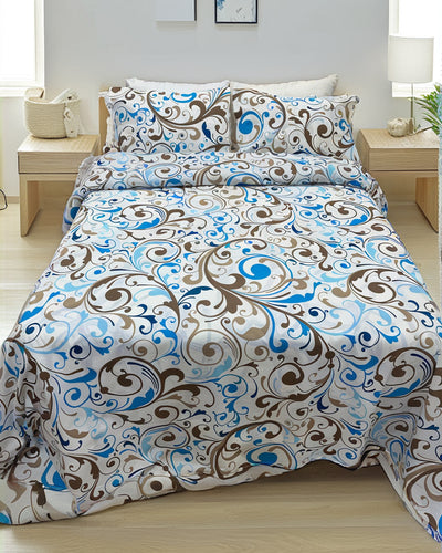 Blue X Beige Printed Bedsheet Set (Pure Ranforce Cotton)