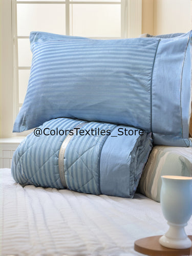 Sky Blue Striped Coverlet Set (Pure Soft Cotton)