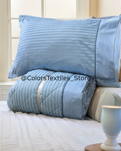 Sky Blue Striped Coverlet Set (Pure Soft Cotton)
