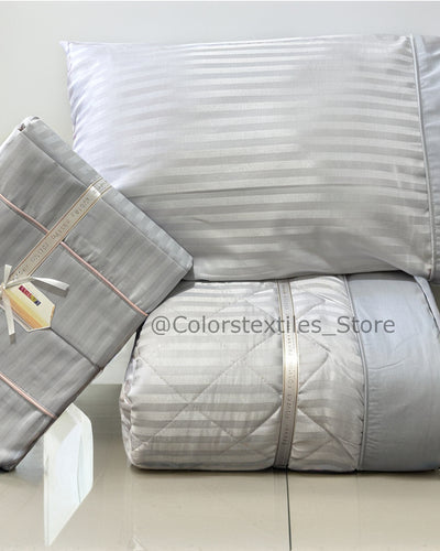 Hotel-Style Striped Bed Sheet + Striped Coverlet Set ( Grey )