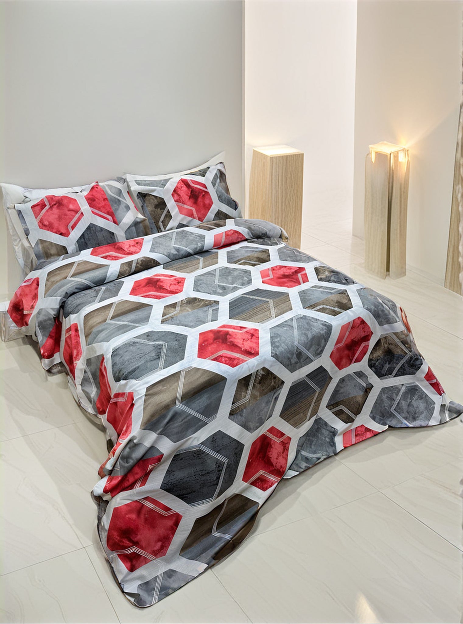 Red X Grey Printed Bedsheet Set (Pure Ranforce Cotton)