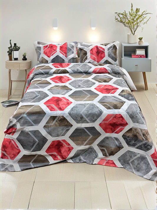 Red X Grey Printed Bedsheet Set (Pure Ranforce Cotton)